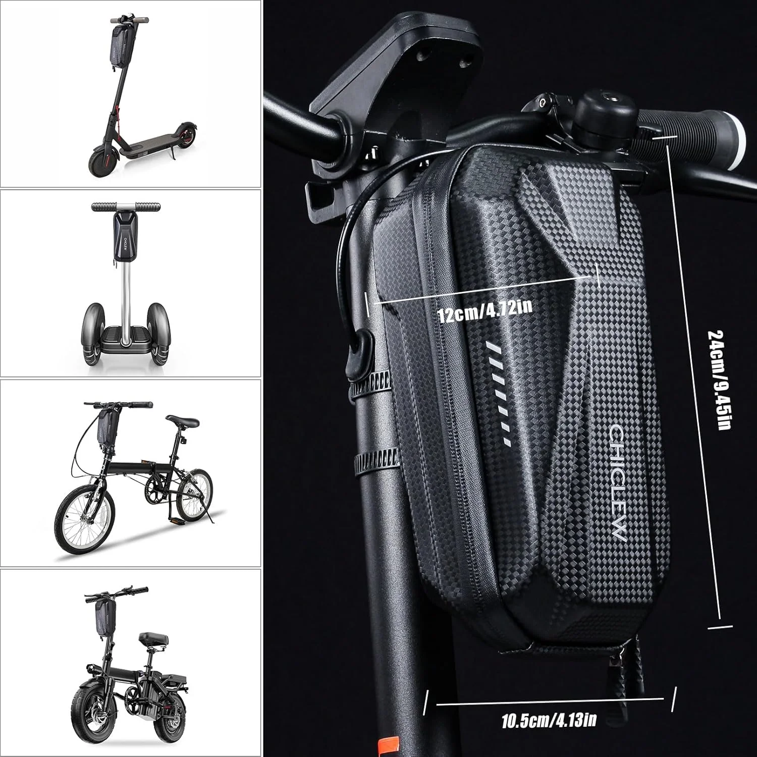 Applicazione della Borsa CHICLEW a quattro mezzi di trasporto: monopattino, segway, bici, fat-bike
