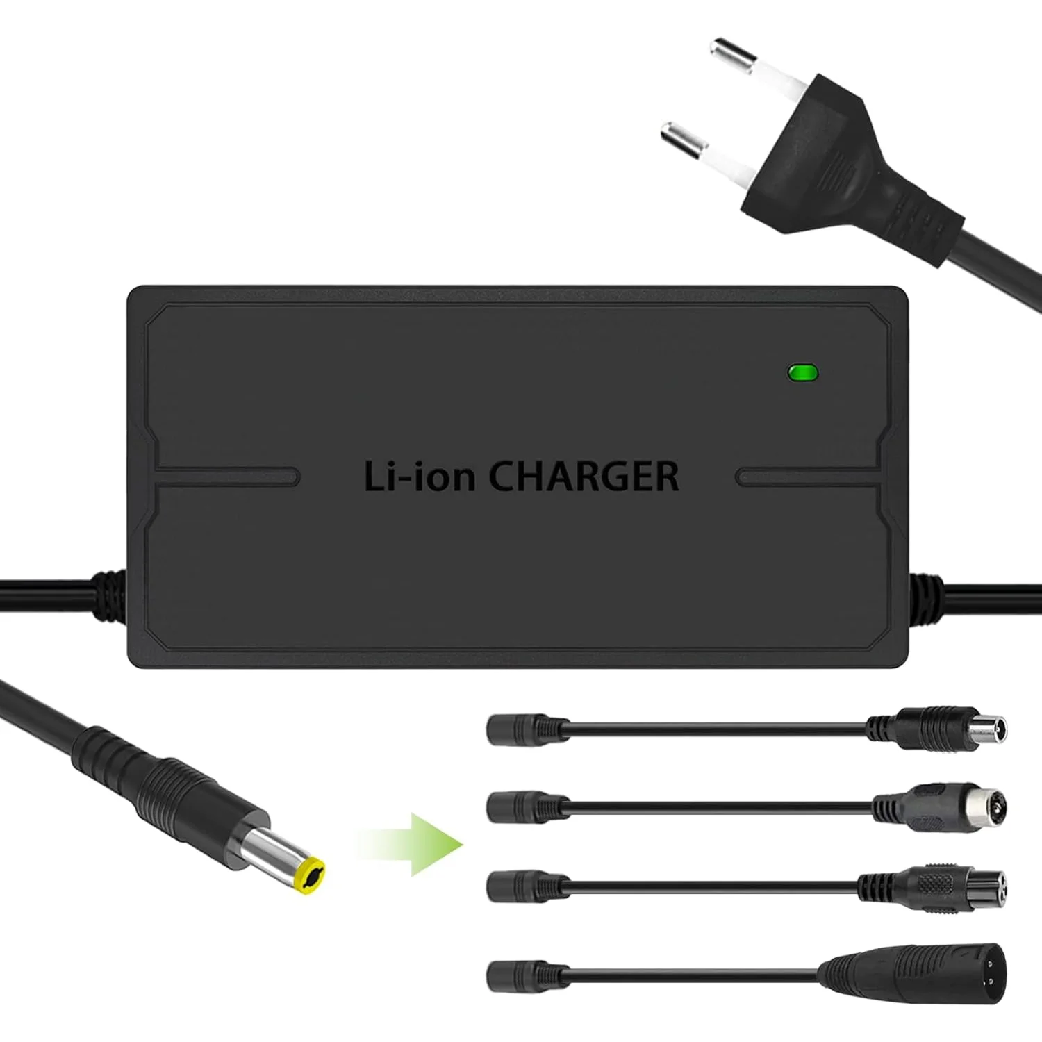 Vista del contenuto della confezione del Caricatore QINTRUMIOT per Monopattino Elettrico, 54,6V 3A