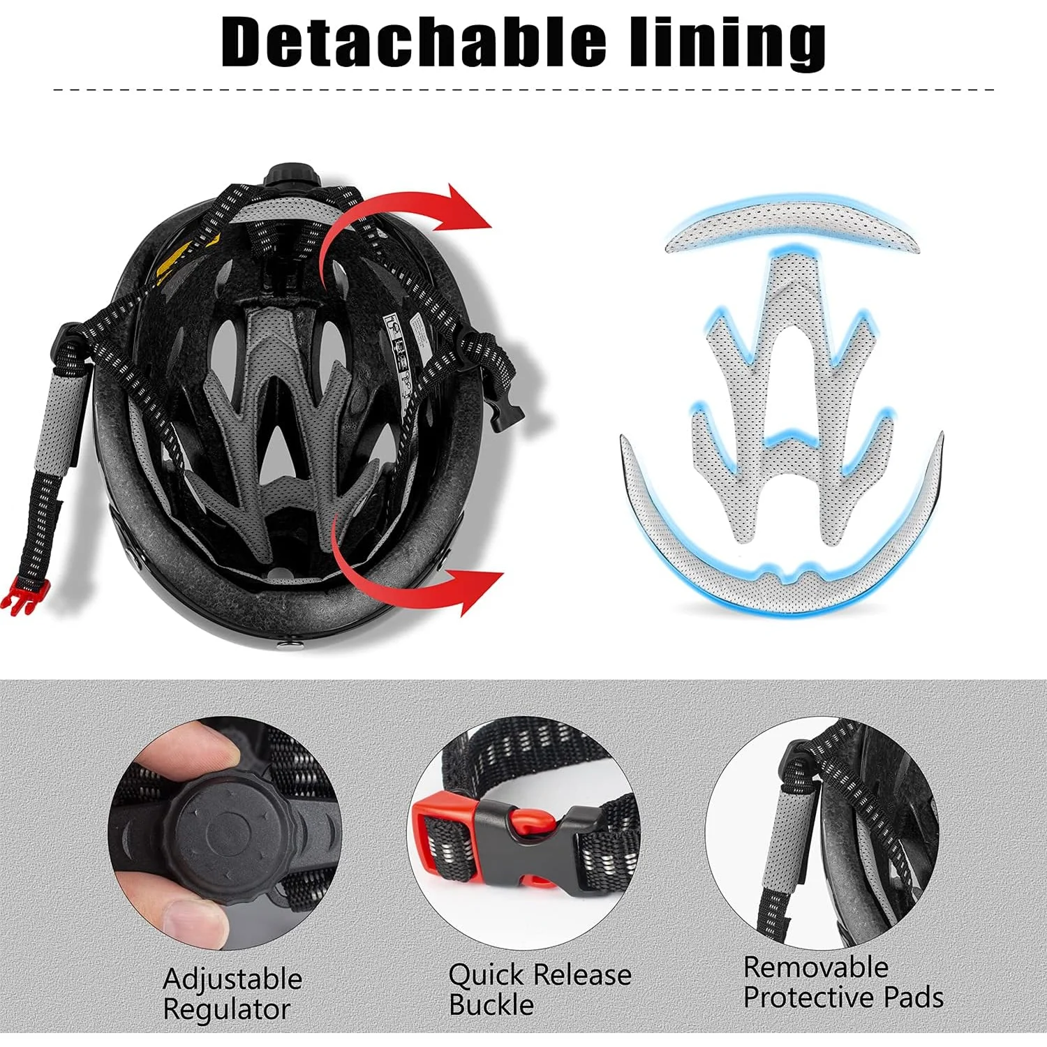 Dettaglio dell'imbottitura lavabile del Casco Bici Shinmax con Luce LED e Visiera Magnetica Staccabile