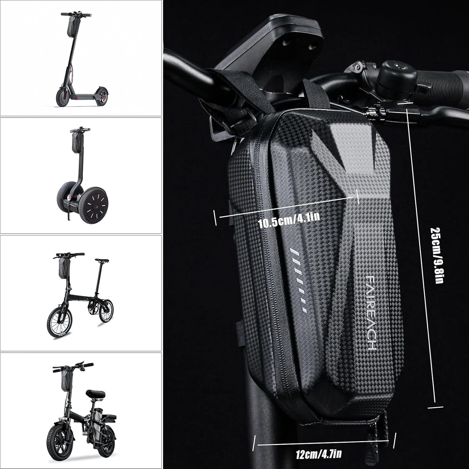 Vista della Borsa Faireach applicata a 4 diversi mezzi di trasporto: Monopattino elettrico, segway, bici e fat-bike