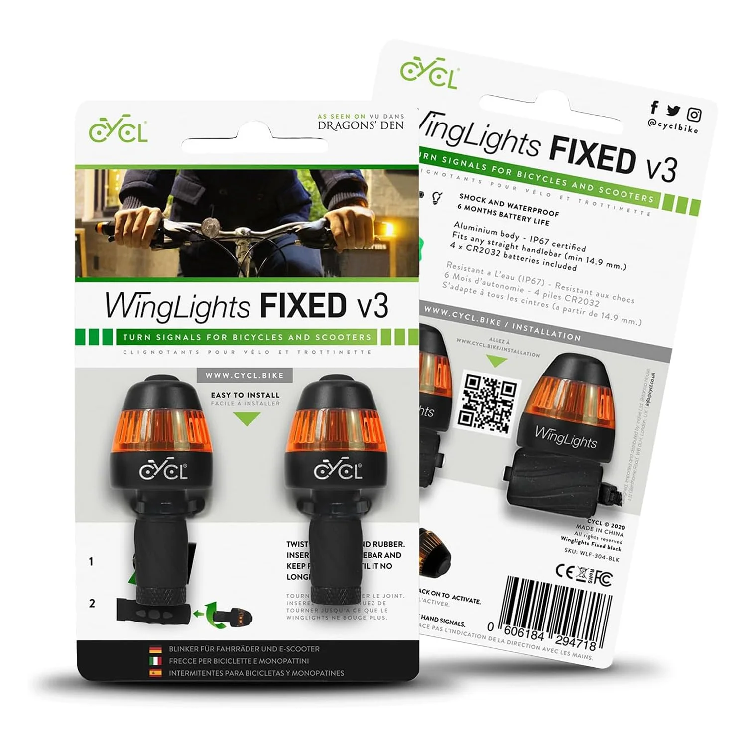 Vista frontale e posteriore delle Frecce Bici CYCL WingLights Fixed