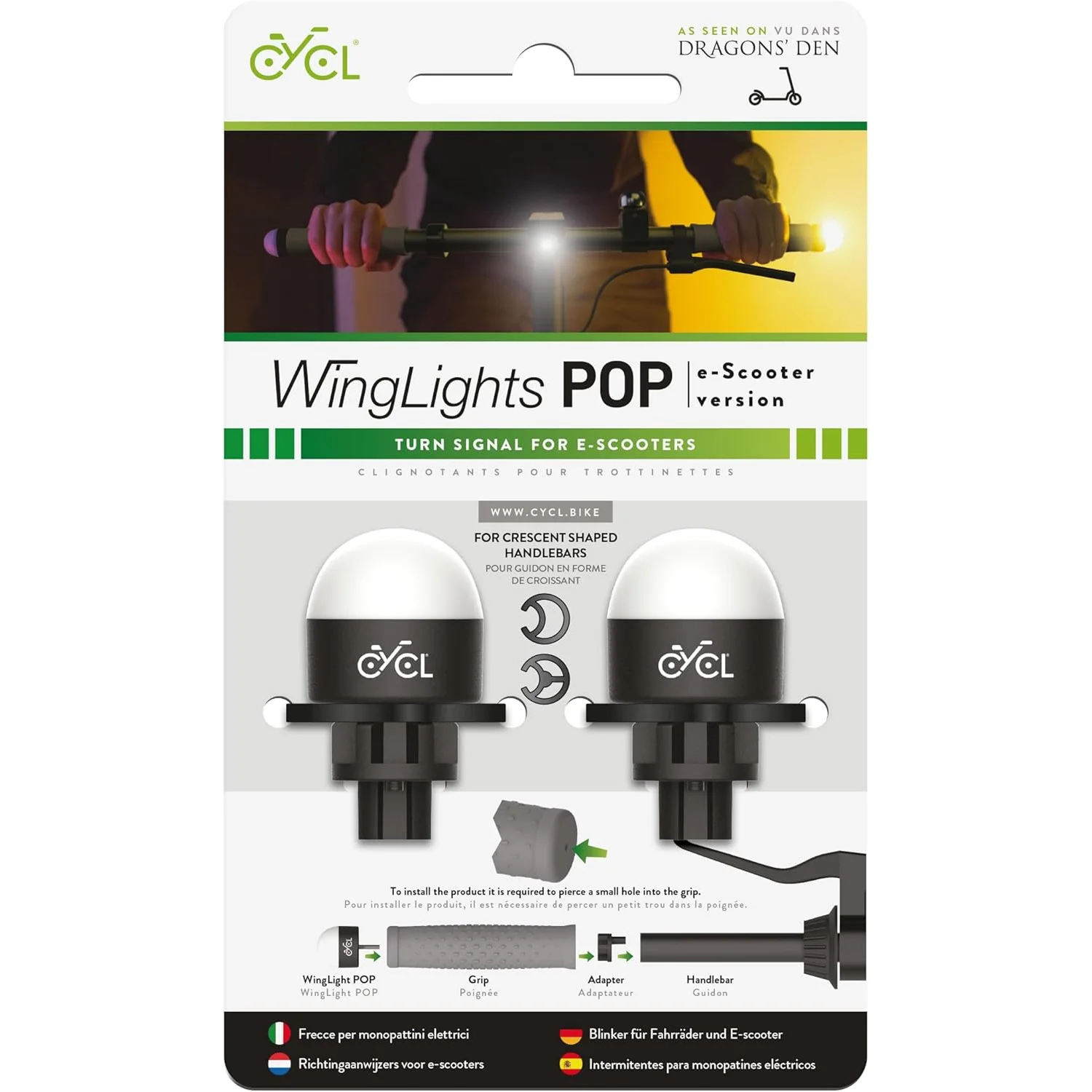 Vista frontale della confezione delle Frecce Monopattino CYCL WingLights Pop