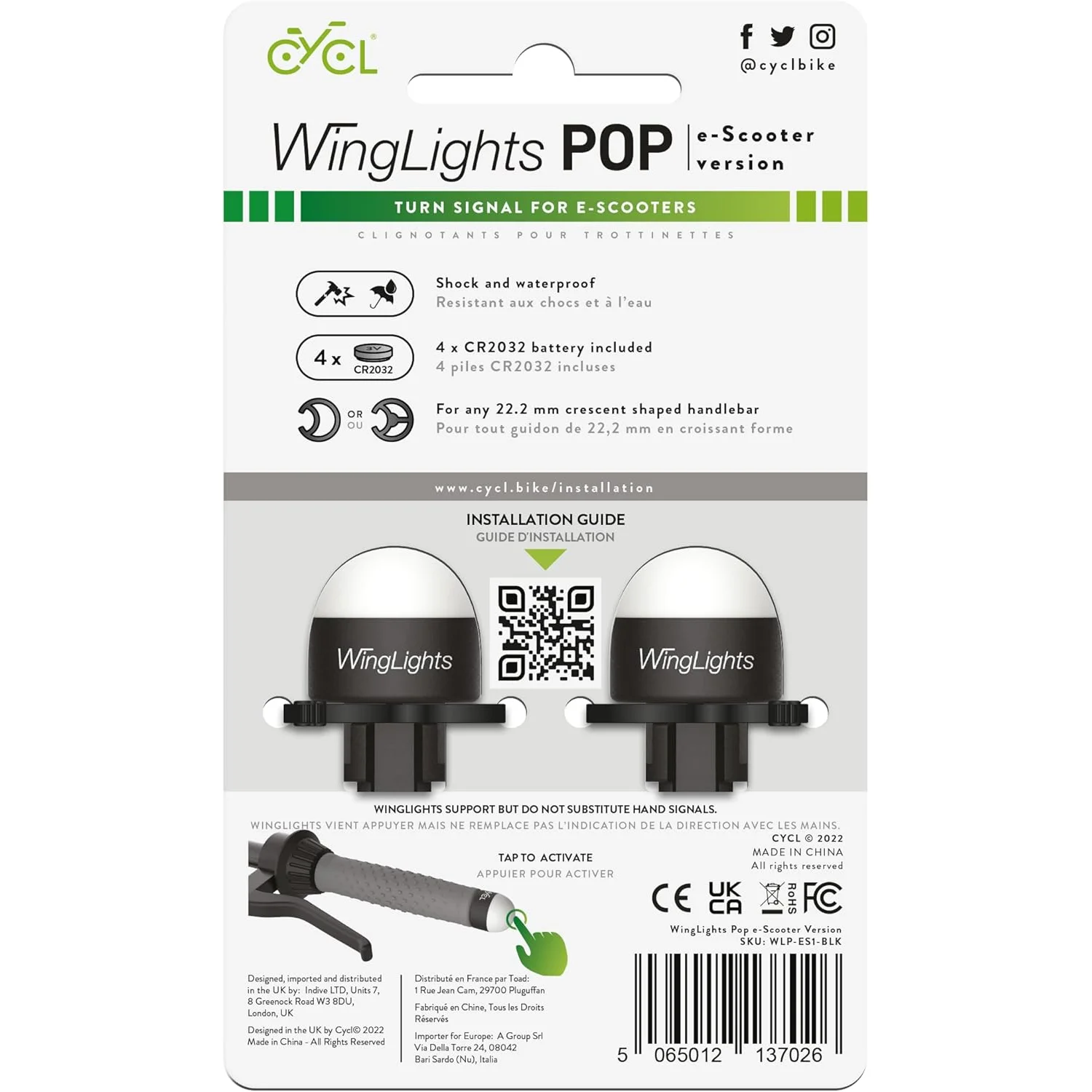 Vista posteriore della confezione delle Frecce Monopattino CYCL WingLights Pop