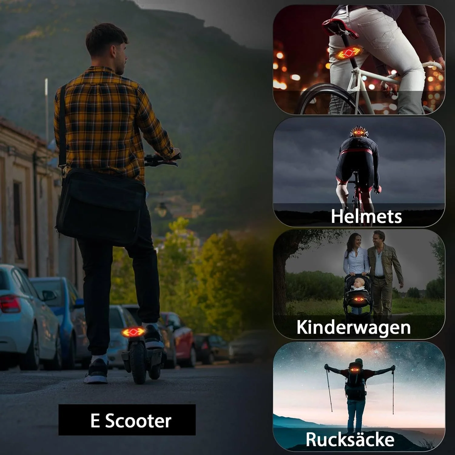 5 possibili utilizzi delle frecce posteriori a LED con piedistallo FXINRUIA: monopattini, bici, caschi, passeggini, zaini