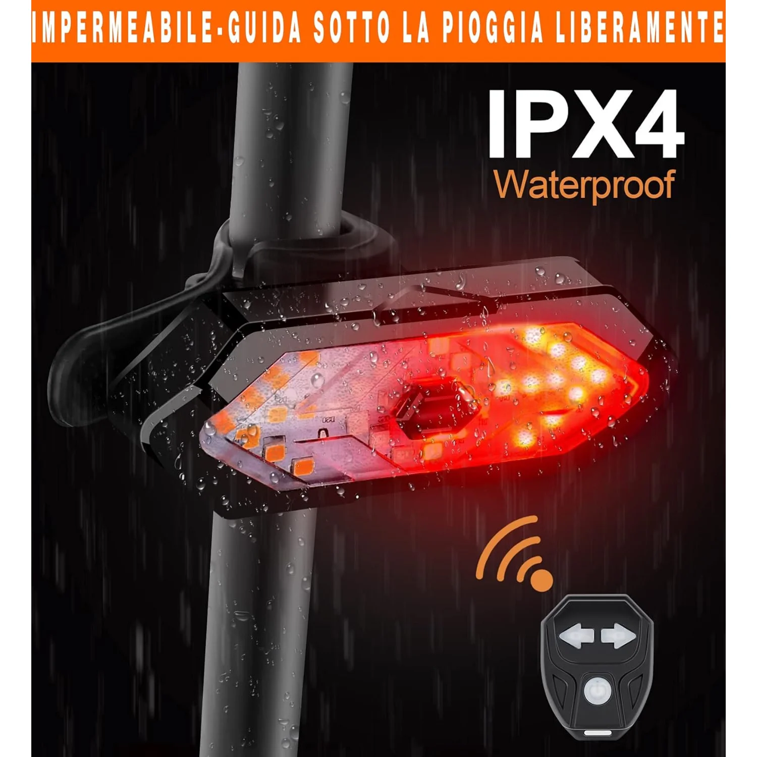 Dettaglio di resistenza all'acqua IPX4 della Luce Bici BeWise Posteriore con Frecce e Effetto Sonoro