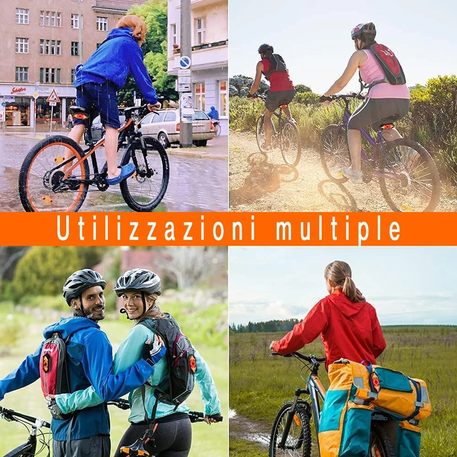 Vista dei diversi utilizzi della Luce Bici BeWise Posteriore con Frecce e Effetto Sonoro