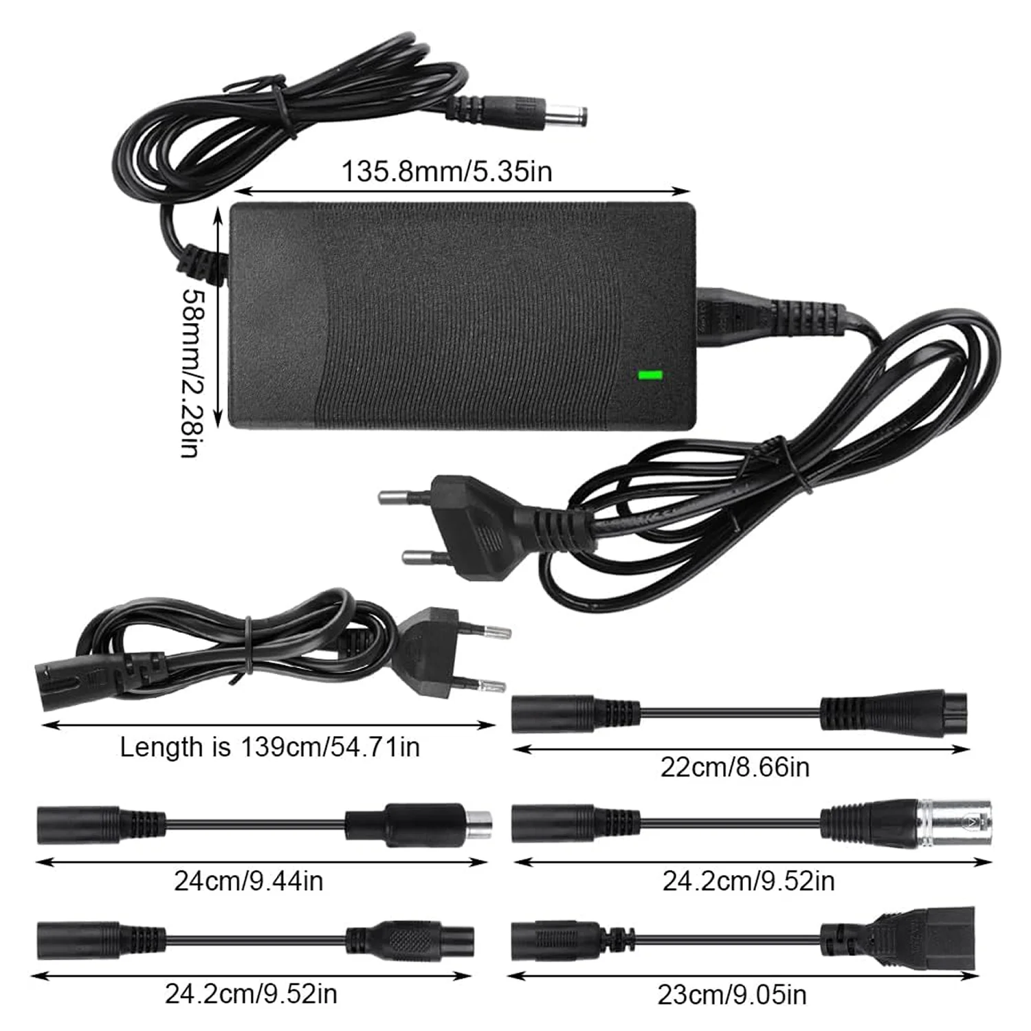 Vista dei connettori con dimensioni del Caricatore XPJBKC per Monopattino Elettrico, 42V 2A