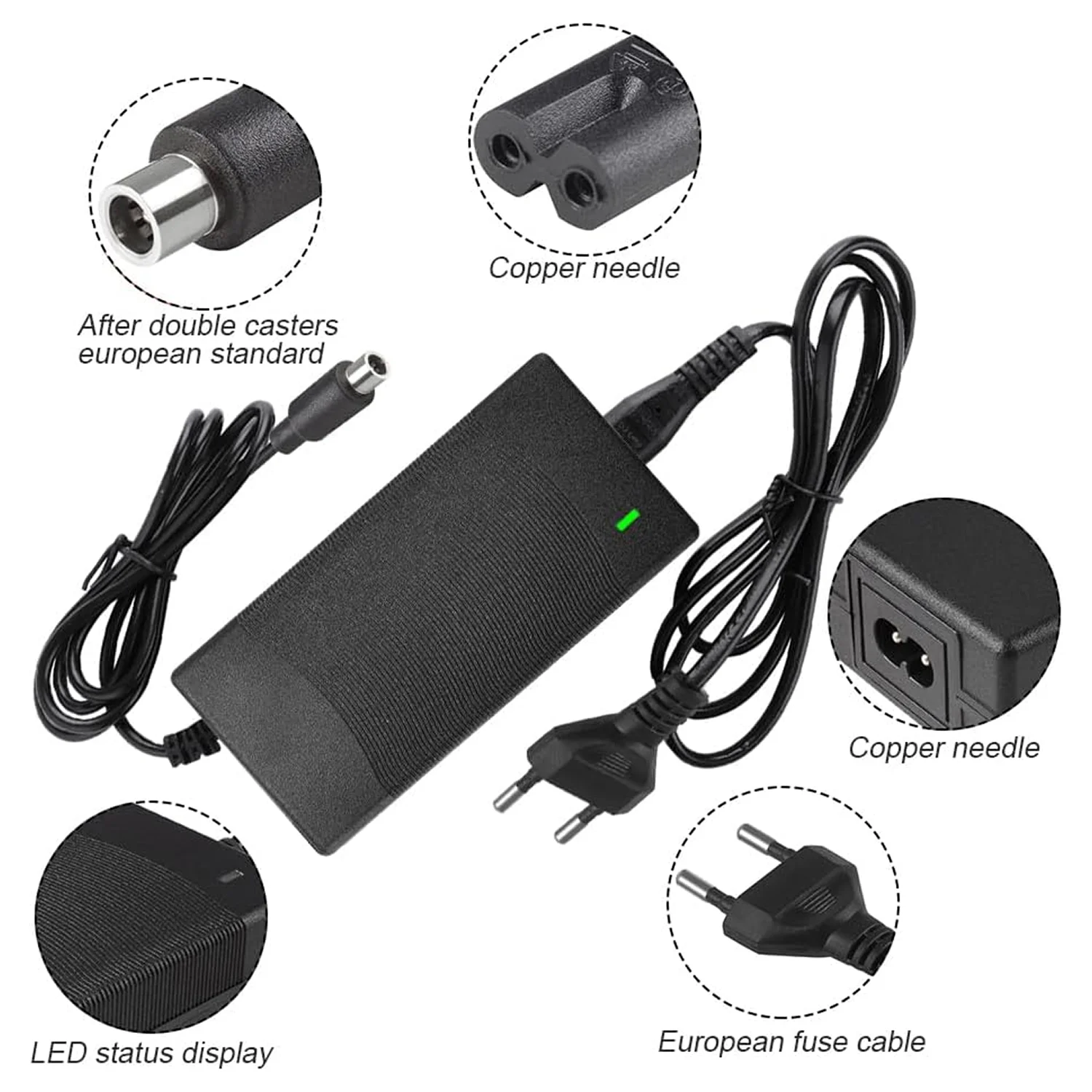 Vista del contenuto della confezione del Caricatore XPJBKC per Monopattino Elettrico, 42V 2A